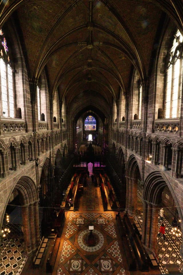 A picture of the interior of Chester Cathedral, where you can see across thentire building.
